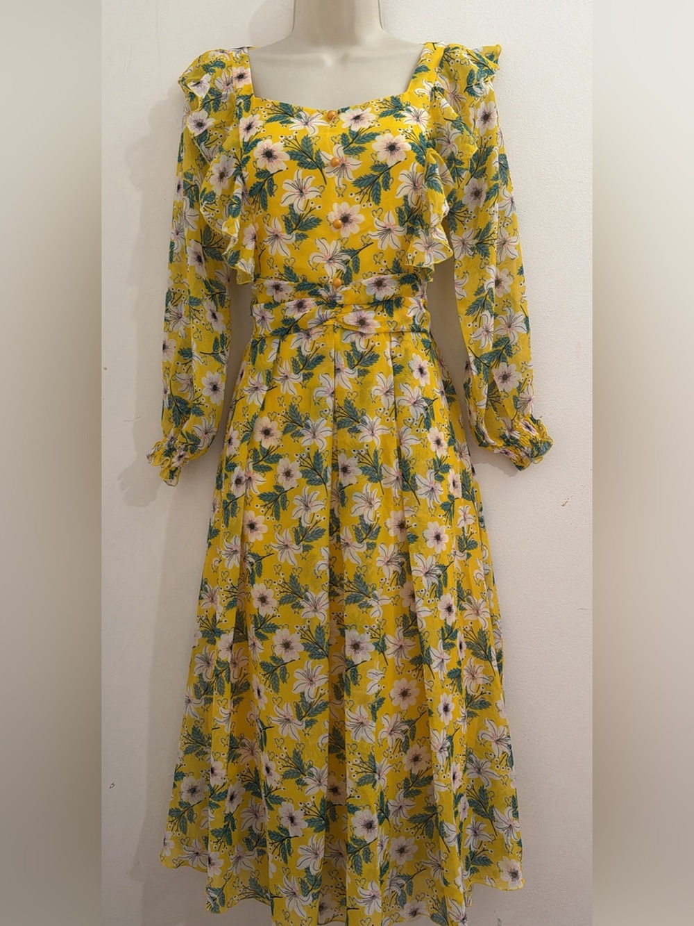 Yellow Floral Long Sleeve Midi Dress can fit s and m - Picture 2 of 7